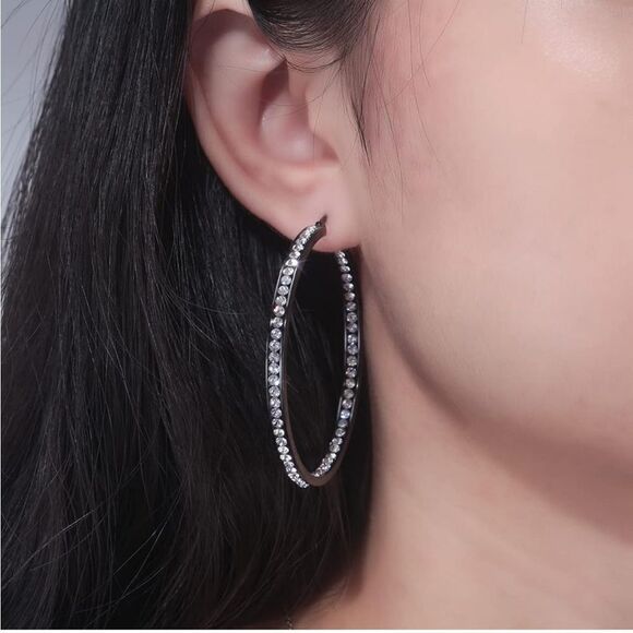 14K Black Gold with White Diamond Cubic Zirconia Big Hoop Latch Back Earrings - Picture 4 of 6